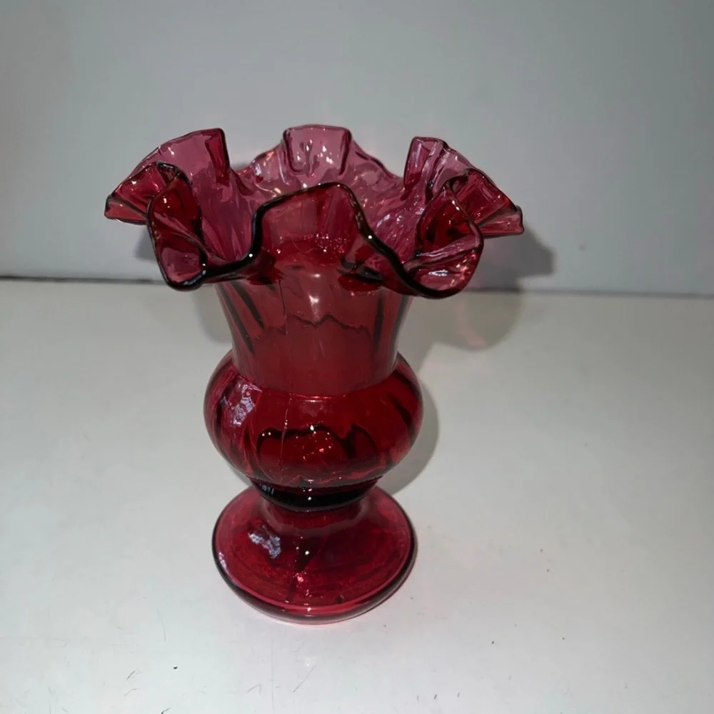 Vintage Fenton Cranberry Pink Ruffled Footed Vase
